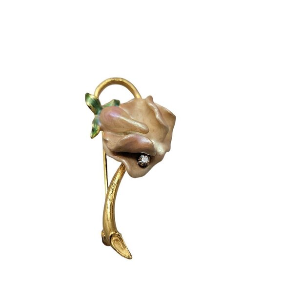 Joan Rivers 1980s Soft Pink Enamel Flower Brooch Swarovski Crystal Accent VTG - Picture 13 of 13